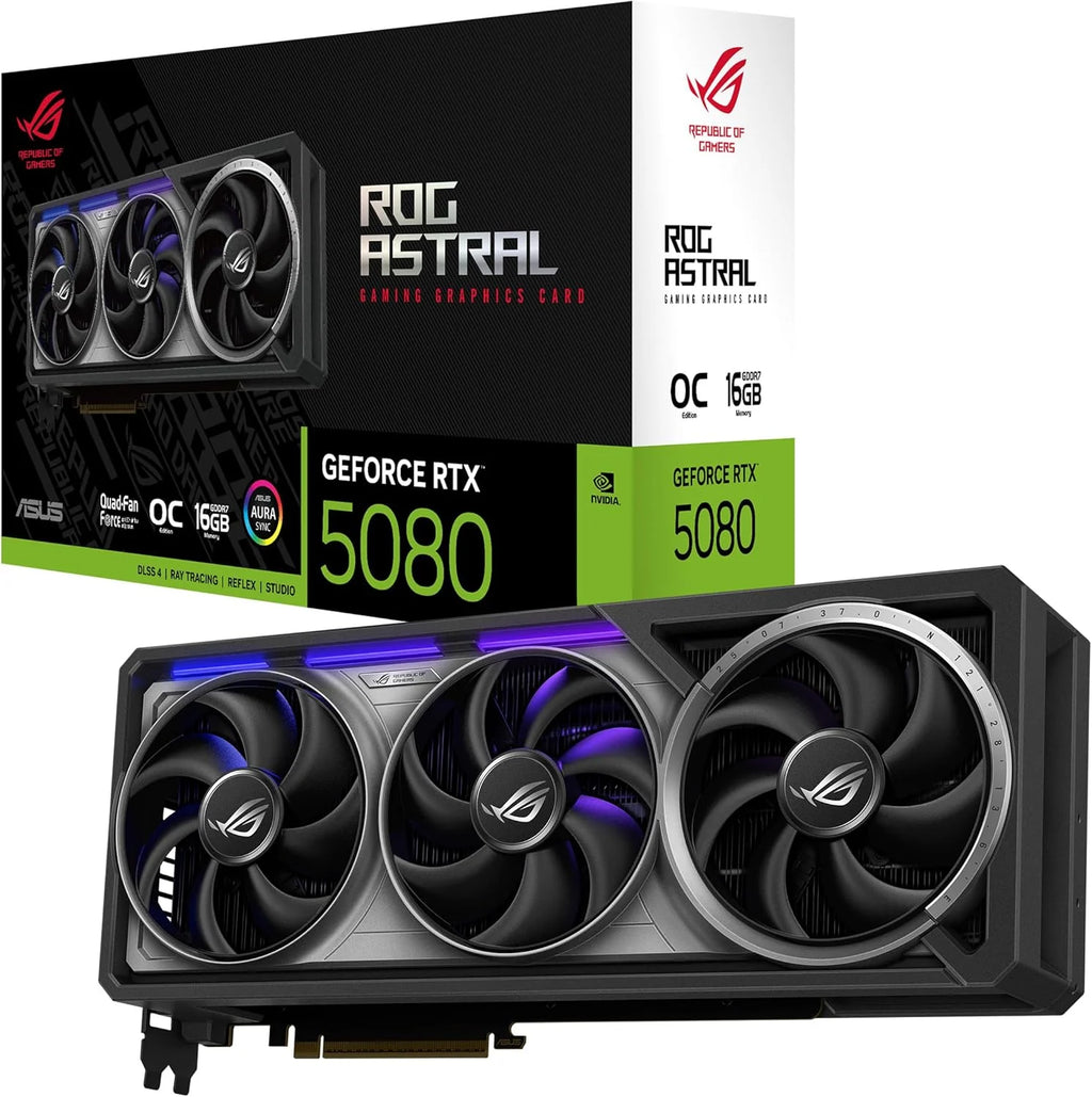 ASUS ROG Astral GeForce RTX 5080 16 GB GDDR7 OC Edition karta graficzna dla graczy (Nvidia GeForce RTX5080, cztery wentylatory, PCIe 5.0, 2X HDMI 2.1b, 3X DisplayPort 2.1a,