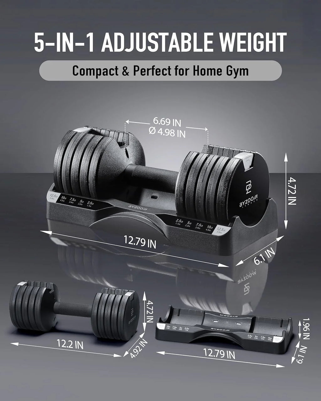 BYZOOM FITNESS Regulowane hantle – 12,5/11,3 kg pojedyncza jednostka LUB zestaw 5-12,7 cm - 1 regulowana waga do domowej siłowni, treningu siłowego i treningów fitness, biały lub czarny
