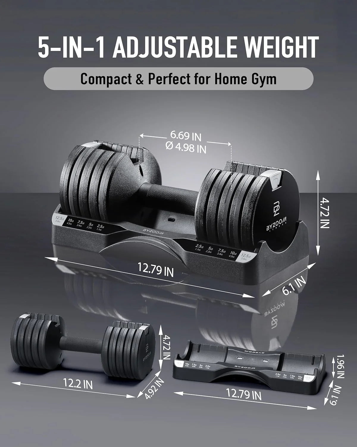 BYZOOM FITNESS Regulowane hantle – 12,5/11,3 kg pojedyncza jednostka LUB zestaw 5-12,7 cm - 1 regulowana waga do domowej siłowni, treningu siłowego i treningów fitness, biały lub czarny