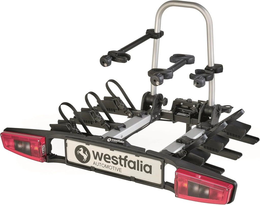 Westfalia-Automotive Bikelander Bagażnik Rowerowy Na Hak | W zestawie torba | 3 Rowery | Kompatybilny z rowerami elektrycznymi | Składany | Hybrydowe światła LED
