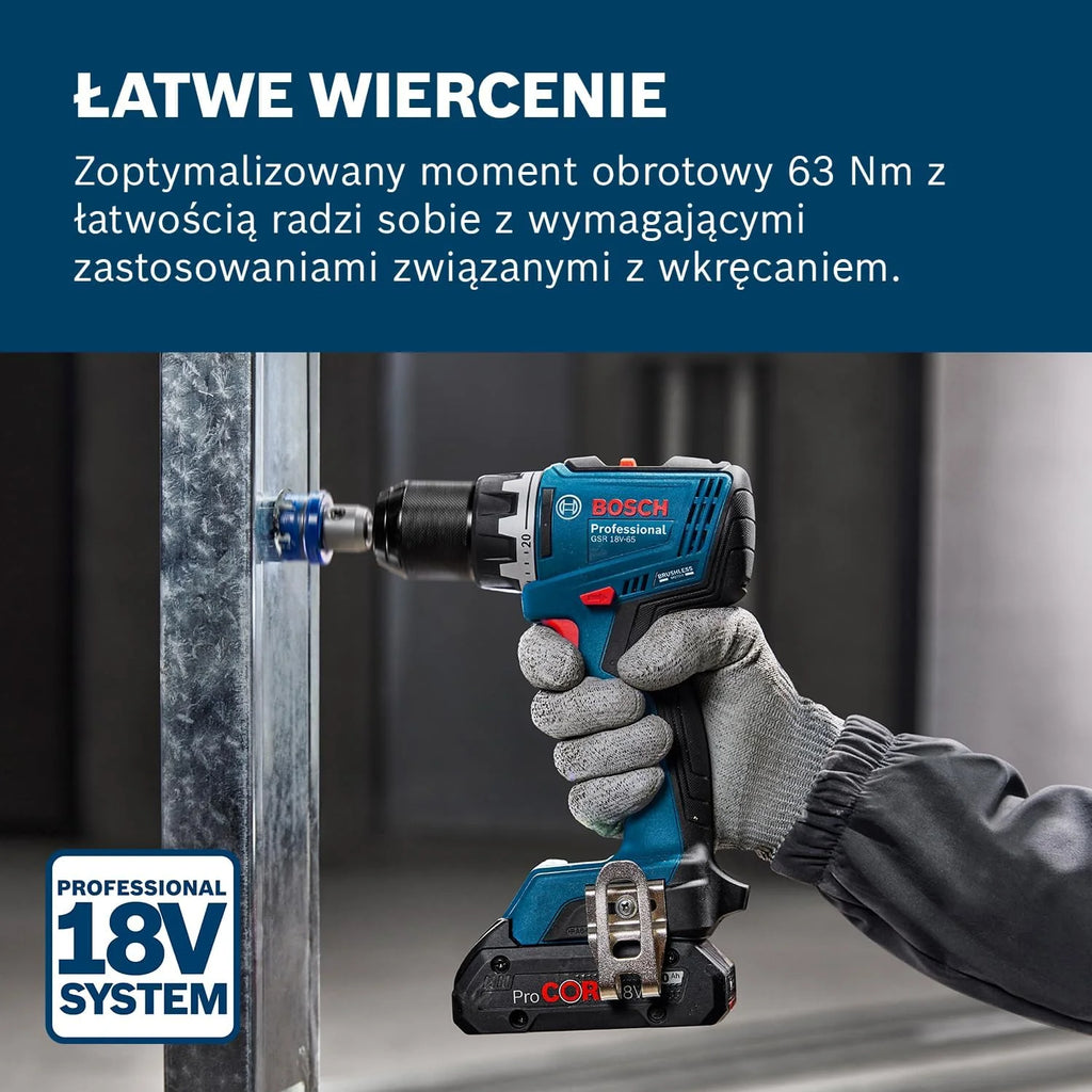Bosch Professional 18 V firmy Bosch: wiertarko-wkrętarka akumulatorowa GSR 18V-65 (silnik bezszczotkowy, długość korpusu 166 mm, 2x ProCORE18V 4.0Ah, walizka L-BOXX)