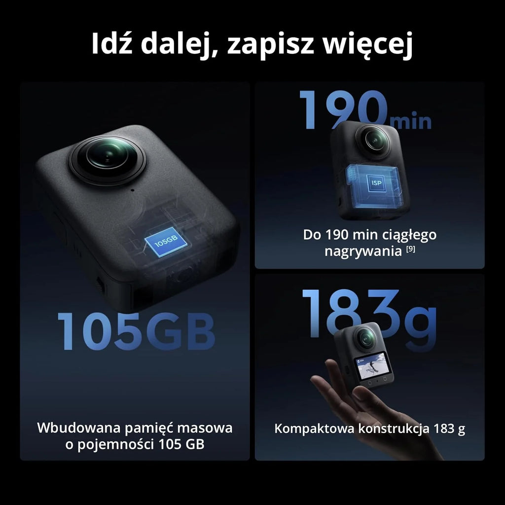 DJI Osmo 360 Essential Combo, kamera 360 z 1-calowym obrazowaniem 360°, natywne wideo 8K 360°, zestaw z niewidocznym selfie stickiem 1,2 m, wydłużony czas pracy z 2 akumulatorami