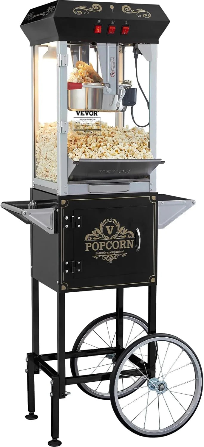 VEVOR Maszyna do popcornu z wózkiem, 850 W, czajnik na 48 filiżanek na jedno ładowanie, maszyna do popcornu z hartowanego szkła, w zestawie 4 łopatki, styl kinowy, restauracja, kolor czarny