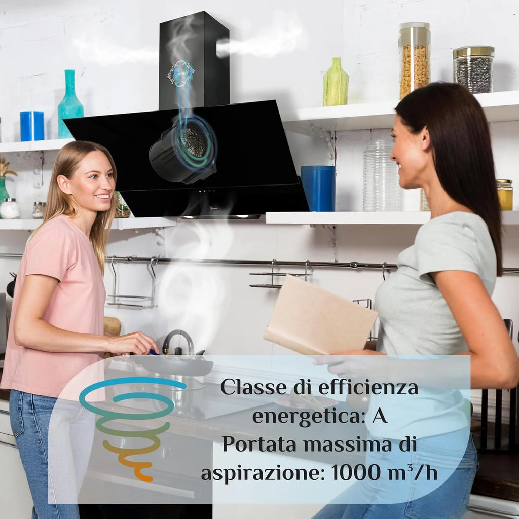 Czarny okap kuchenny 80 cm Gurari GCH D 268 8 Prime/Energooszczędny okap kuchenny klasy A/Wysokowydajny dekoracyjny okap ścienny 1000 m³/h z odpływem - recykling powietrza