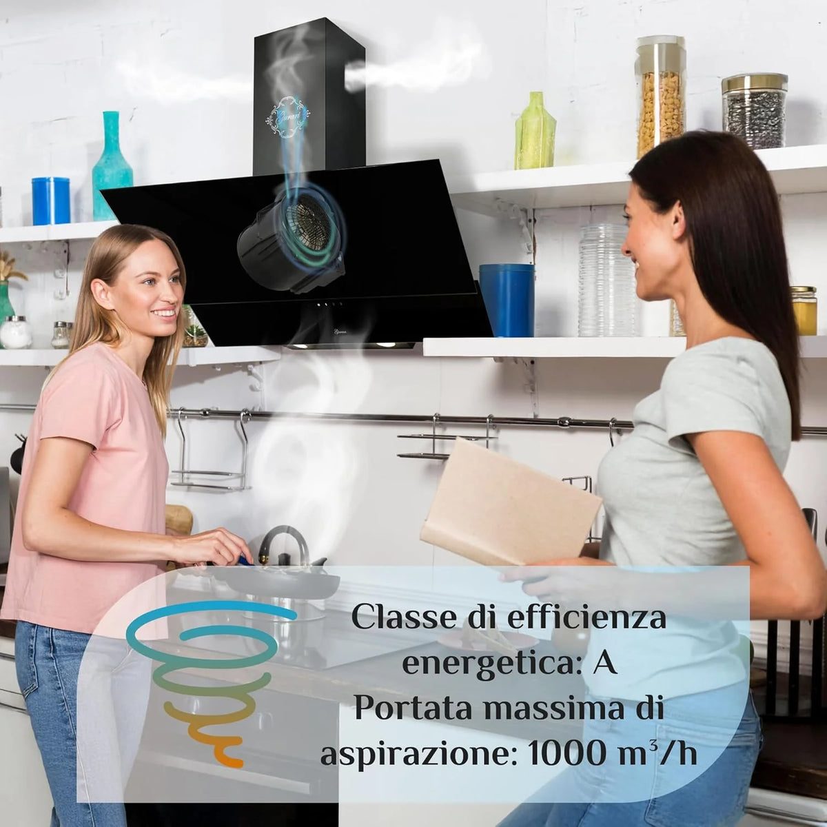 Czarny okap kuchenny 80 cm Gurari GCH D 268 8 Prime/Energooszczędny okap kuchenny klasy A/Wysokowydajny dekoracyjny okap ścienny 1000 m³/h z odpływem - recykling powietrza
