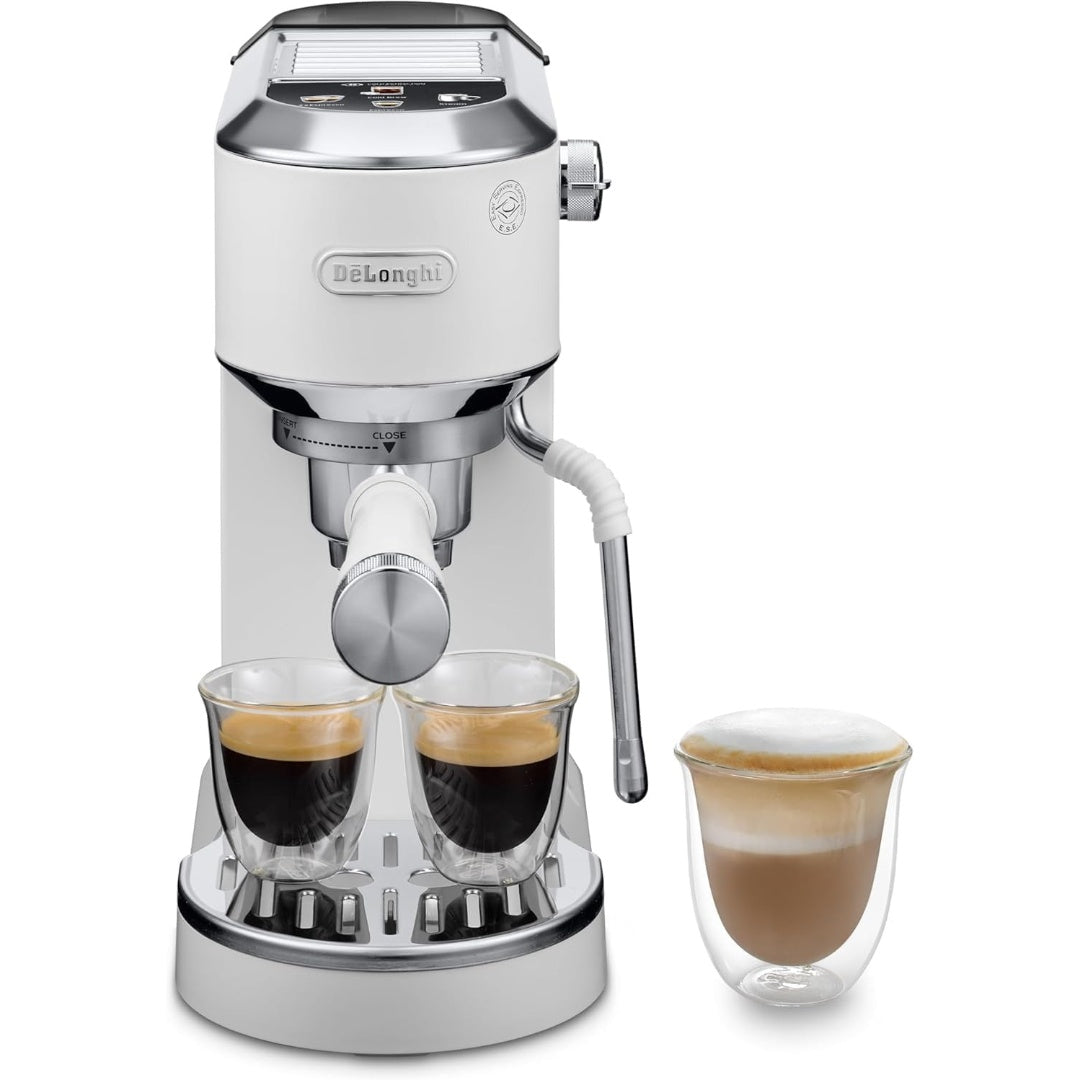 De'Longhi Dedica – Ekspres do kawy ze stali nierdzewnej z pompką do kawy mielonej lub na kapsułki, espresso i cappuccino, zbiornik 1,3 litra, system zapobiegający kapaniu, model EC685.M, kolor metaliczny