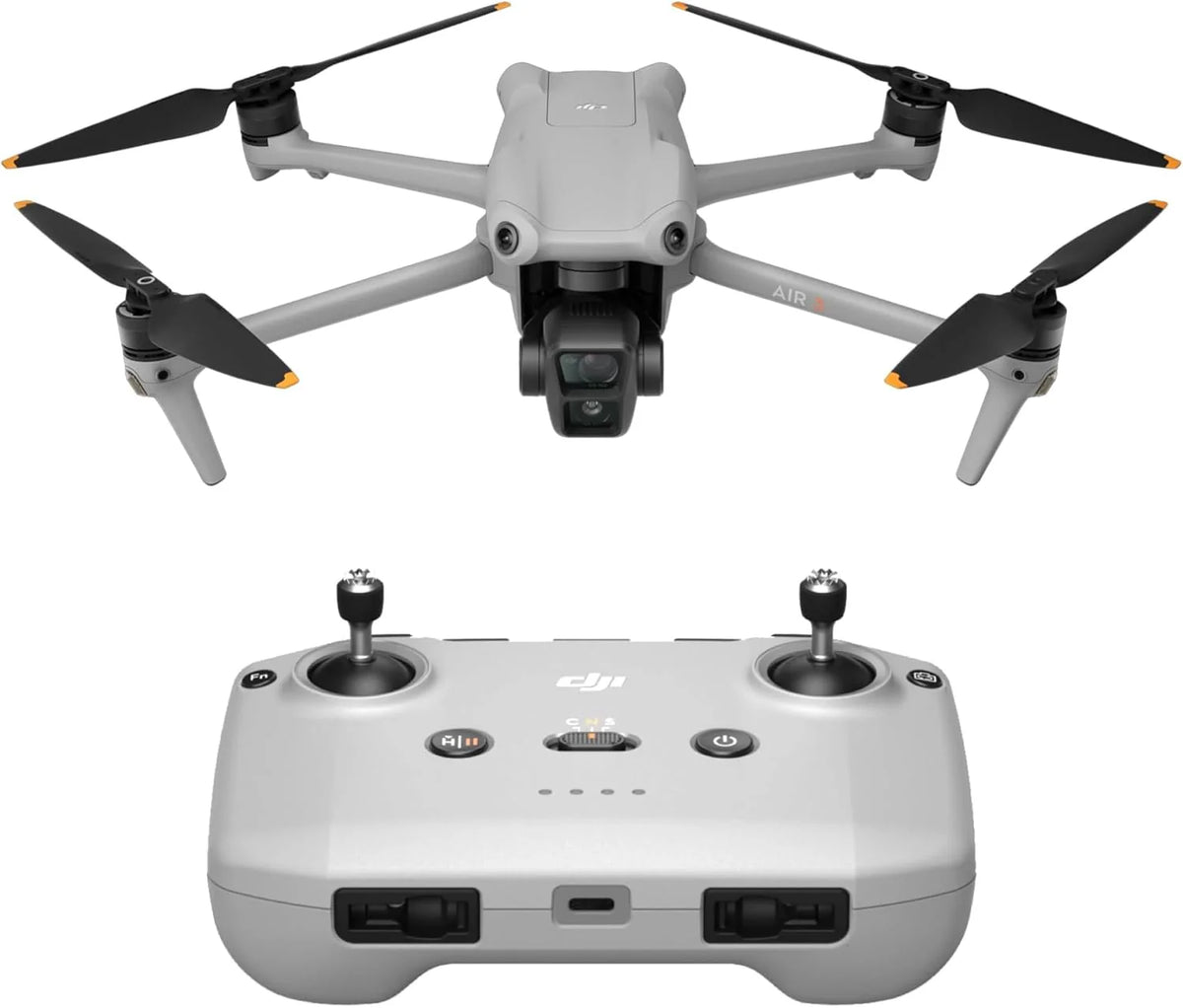 DJI Air 3 (DJI RC-N2), dron ze średnimi, podwójnymi kamerami telewizyjnymi i szerokokątnymi, maks. czas lotu 46-Min, wszechkierunkowe wyczuwanie przeszkód, zdjęcia 48MP, wideo 4K/60 kl./s HDR, C1