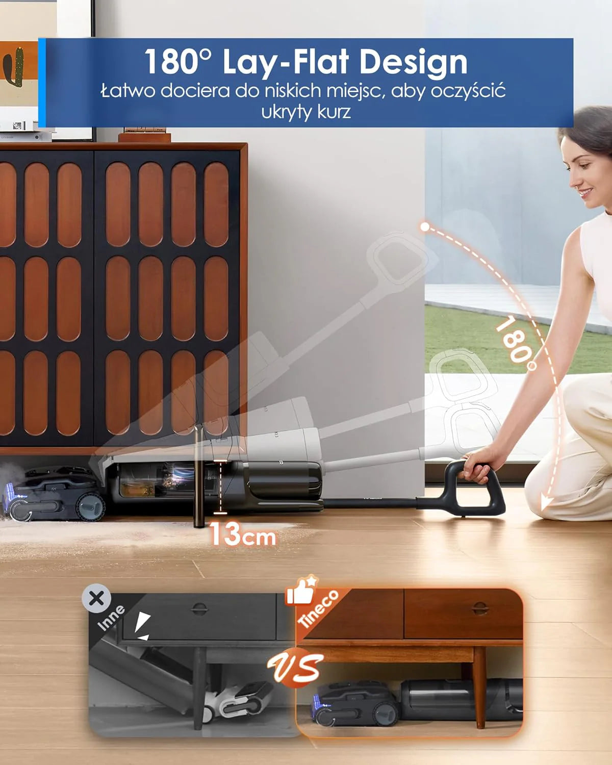 Tineco Floor ONE S7 Stretch Ultra Bezprzewodowy Odkurzacze na sucho i mokro, zapobiegająca splątaniu 180°, czas pracy 50 minut, samooczyszczanie Flashdry 85℃, dwustronne czyszczenie krawędzi