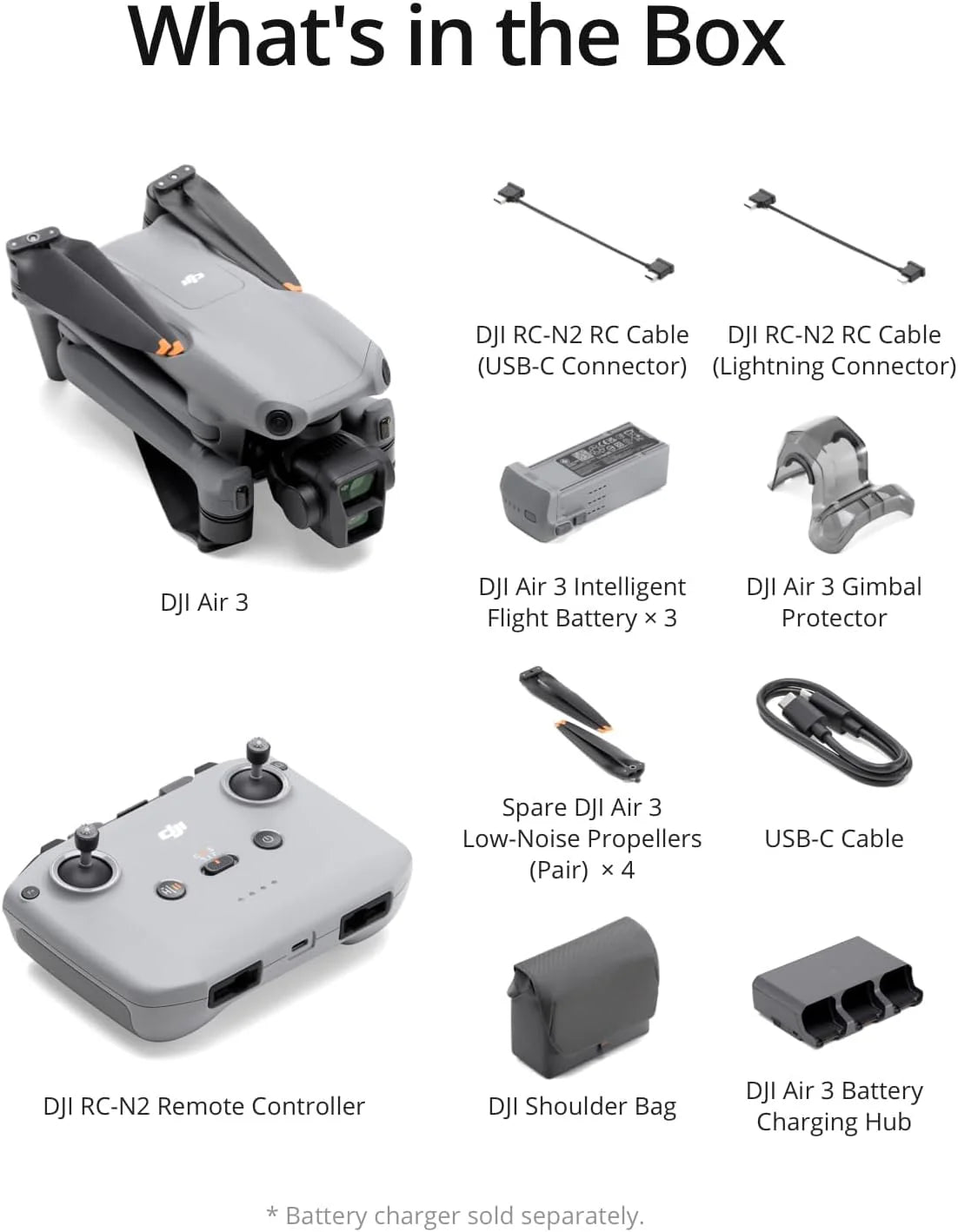DJI Air 3 Fly More Combo ze zdalnym kontrolerem DJI RC-N2, dron z kamerą dla dorosłych 4K HDR, podwójne aparaty główne średniej wielkości tele i szerokokątne, maks. czas lotu 46-Min, O4