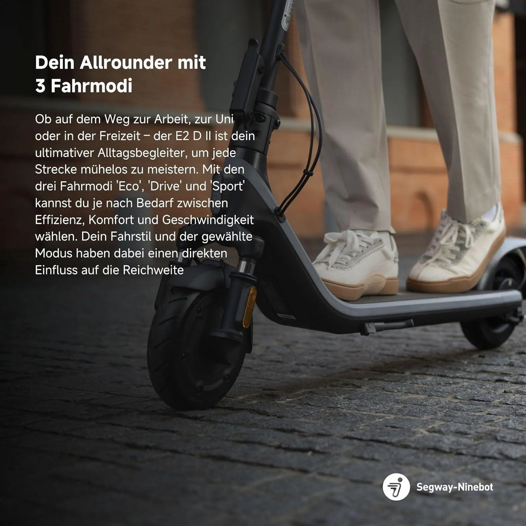 Segway-Ninebot E2 D II – E hulajnoga z dopuszczeniem do ruchu drogowego, z zawieszeniem i kierunkowskazem, moc 20 km/h, moc 450 W, zasięg 25 km, nośność 90 kg, hulajnoga elektryczna dla dorosłych,