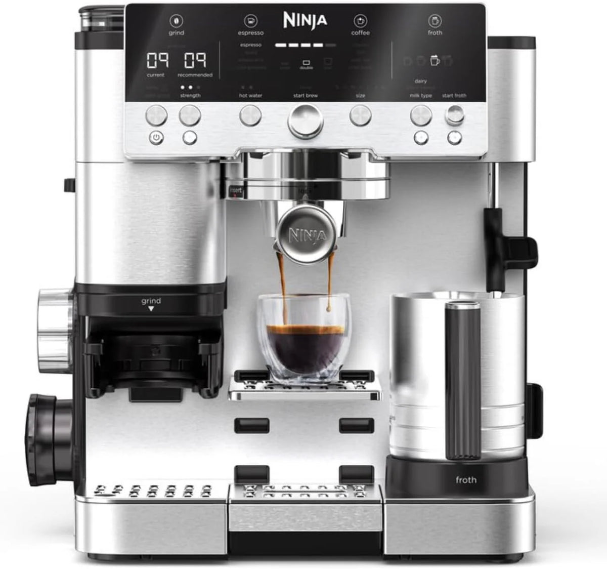 Ninja Luxe Premier Ekspres do kawy 3 w 1, latte, cappuccino, cold brew, espresso, wbudowany młynek i spieniacz do mleka, łatwy w obsłudze, 4 automatyczne ustawienia spieniania, srebrny, ES601EU