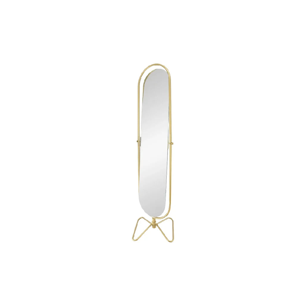 Stojące lustro z wykończeniem ze złotego metalu - elegancki design i nowoczesny styl.