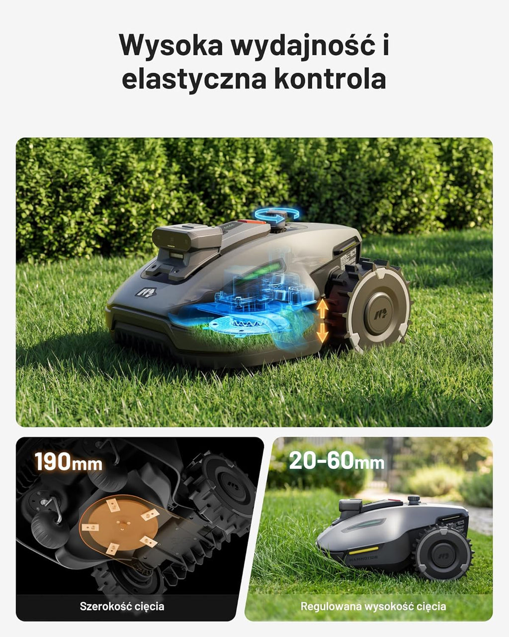 Mammotion YUKA 2000 Kosiarka Automatyczna z zamiatarką, Zalecane 2000 m², maks.2400 m²,i Nachyleniu 45%, UltraSense AI Vision do Auto-Mapowania Wysokość Koszenia 20-90mm Szerokość Koszenia 320mm