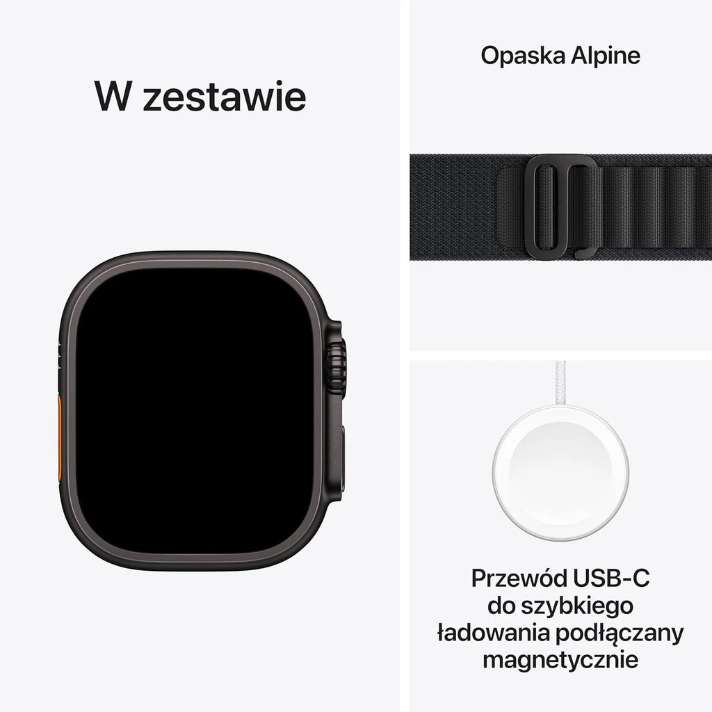Apple Watch Ultra 3 GPS + Cellular 49 mm, najwyższej klasy zegarek do biegania i innych sportów z wytrzymałą kopertą z tytanu kolor czarny + Alpine Loop kolor czarny - M