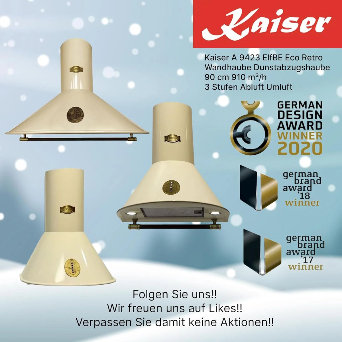 Kaiser Belle Epoque 9423 ElfBe, retro okap kuchenny 90 cm, okap, okap naścienny, odprowadzanie/recyrkulacja powietrza, 3 stopnie, 910 m³/h