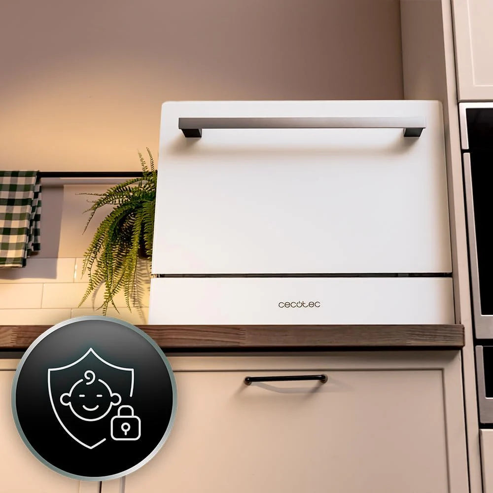 Cecotec Kompaktowa zmywarka 6 sztućców Bolero Aguazero 2400 White Glass. 1380W, białe szkło wykończone, 5 programów, panel dotykowy sterowania, programowalny do 24 h, blokada Child Lock i kosz na