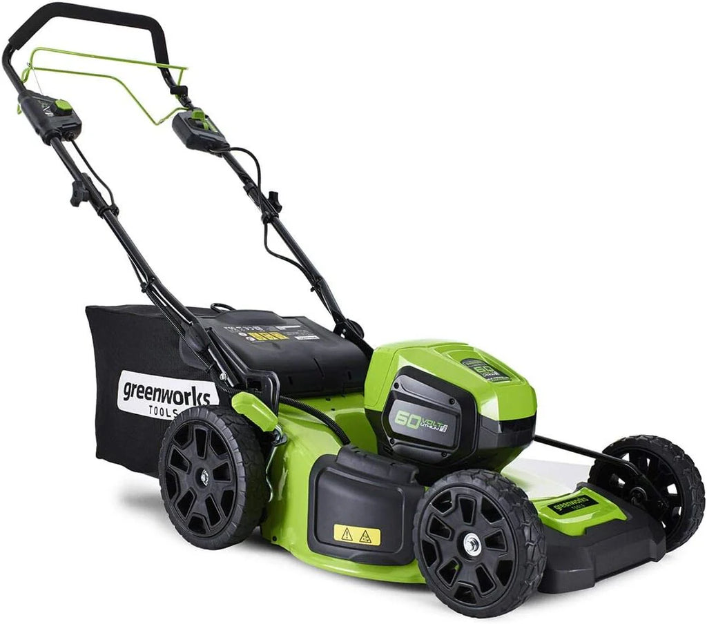 Kosiarka akumulatorowa Greenworks GD60LM46SP (Li-Ion 60V 46cm szerokość cięcia 3w1 Kosiarka Mulching Boczny wyrzut 55L taca na pickup wysokość cięcia 25 do 80 mm bez baterii i ładowarki)