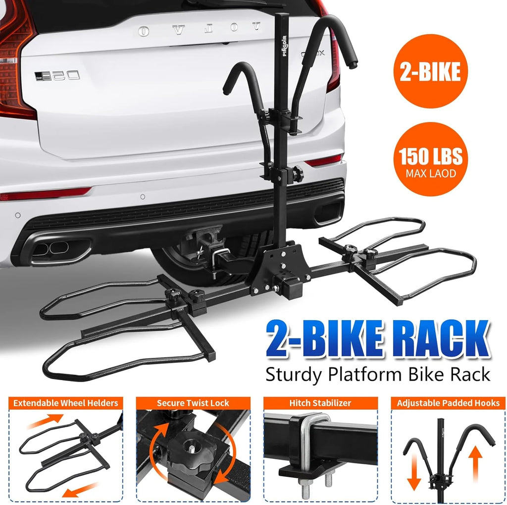 PINGDIR Bagażnik rowerowy do montażu na haku 5 cm, 2 składane uchylne uchwyty w stylu platformy, 68 kg, do rowerów standardowych, grubych opon i rowerów elektrycznych ze stabilizatorem zaczepu,