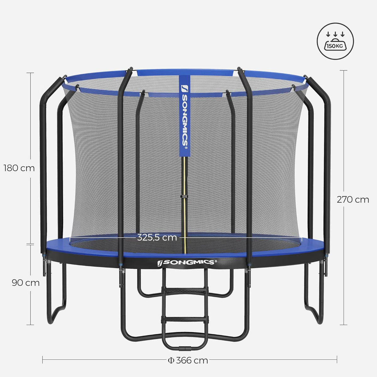 SONGMICS Trampolina Ø 366 cm, trampolina ogrodowa dla dzieci z siatką zabezpieczającą, drążki o wysokości 180 cm, osłona krawędzi, drabinka, rama stalowa, czarno-niebieski STR123Q01