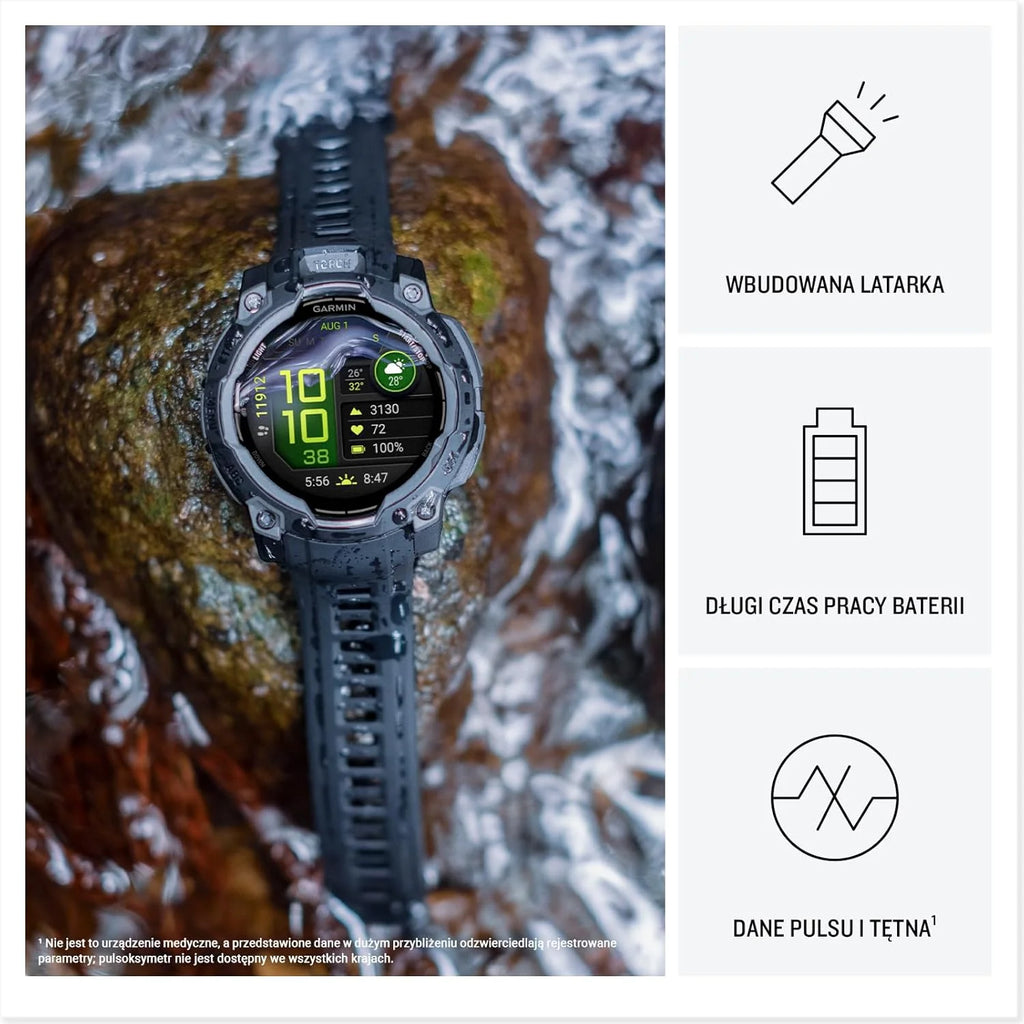 Garmin Instinct 3 SOLAR Wytrzymały Smartwatch GPS, 45 mm, Wbudowane Aplikacje Sportowe i Zdrowotne, Latarka LED, 10ATM, Sunburst