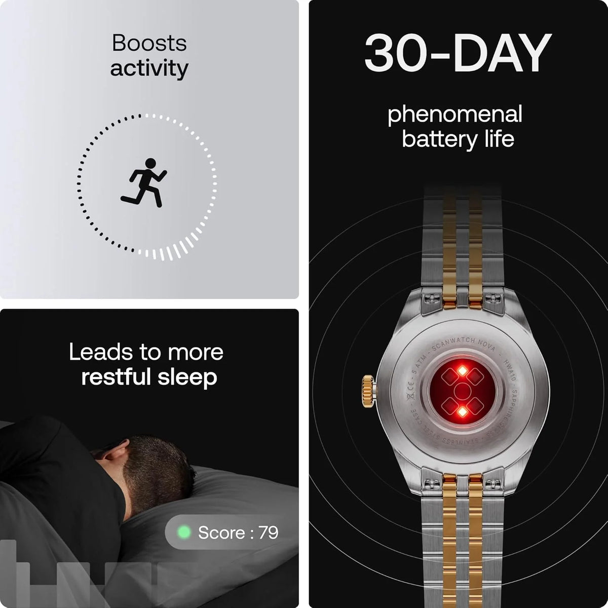 Withings Scanwatch Nova Brilliant Hybrydowy smartwatch Health dla mężczyzn i kobiet, SPO2, monitorowanie temperatury, sen, zdrowie układu oddechowego, monitorowanie cyklu, 30-dniowa żywotność baterii