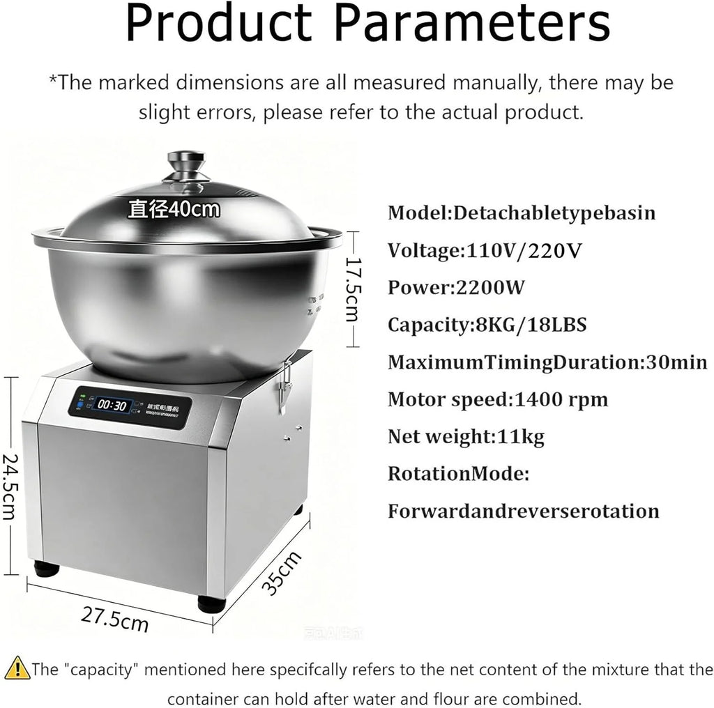 Profesjonalny Mikser Ciasta O Mocy 2200w, Duża Pojemność 5/8 Kg, Z Dotykowym Sterowaniem I Timerem 0–30 Min. Idealny Piekarni, Cateringu,Pizzy,Wypieku Chleba I Innych Rodzajów Ciasta 5kg