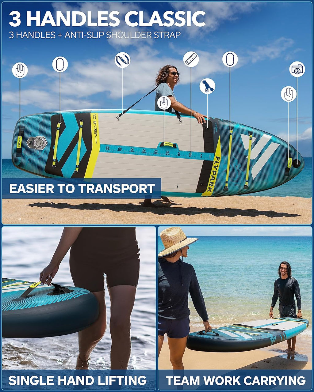 Flypark 10'8/11'x35'' wędkarstwo i rodzinne stabilne nadmuchiwane deski wiosłowe, bardzo szerokie nadmuchiwane deski SUP, łożysko 195 kg, deska do wiosłowania stojącego, uchwyt na aparat, pasek na