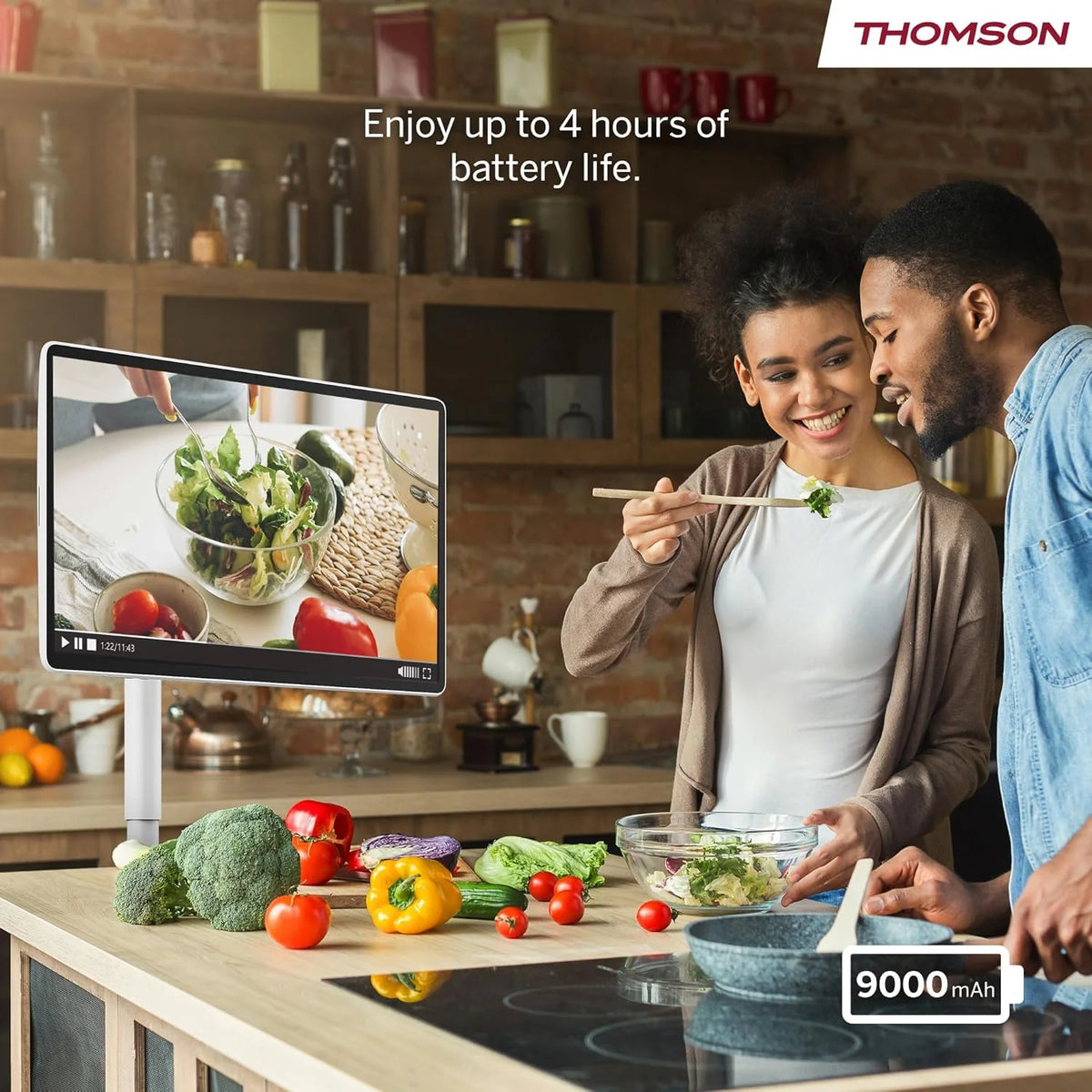 Thomson Go Plus Pro 27-calowy (69 cm) 4K UHD Inteligentny Ekran Dotykowy, Android, Sterowanie Głosowe, Hotspot, Bateria 9000 mAh, Kamera 5MP, Subwoofer, WiFi 6, Bluetooth, Przenośny Stojak