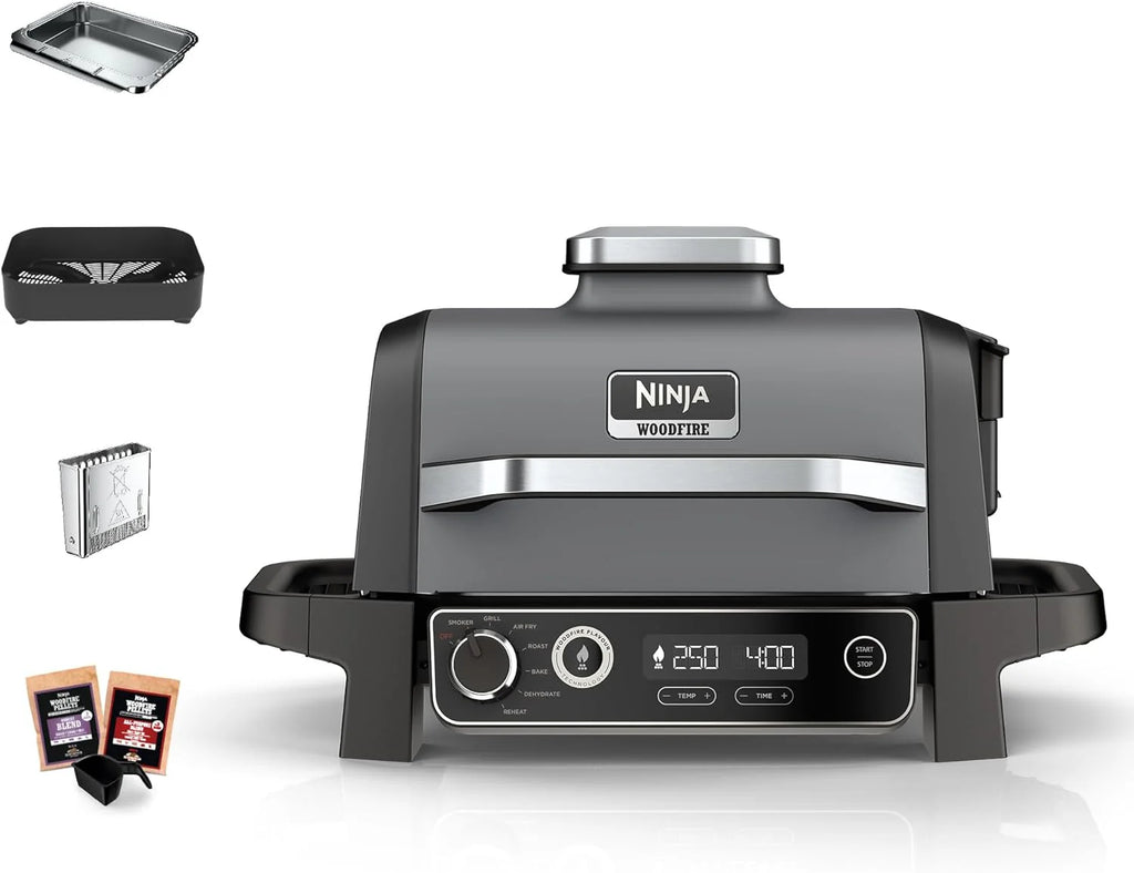 Ninja Woodfire Pro Connect XL Grill elektryczny, wędzarnia i frytkownica 7 w 1, sterowany za pomocą aplikacji, termometr cyfrowy z sondą, opalany pelletem drzewnym, wodoodporny, czarny, OG901EU