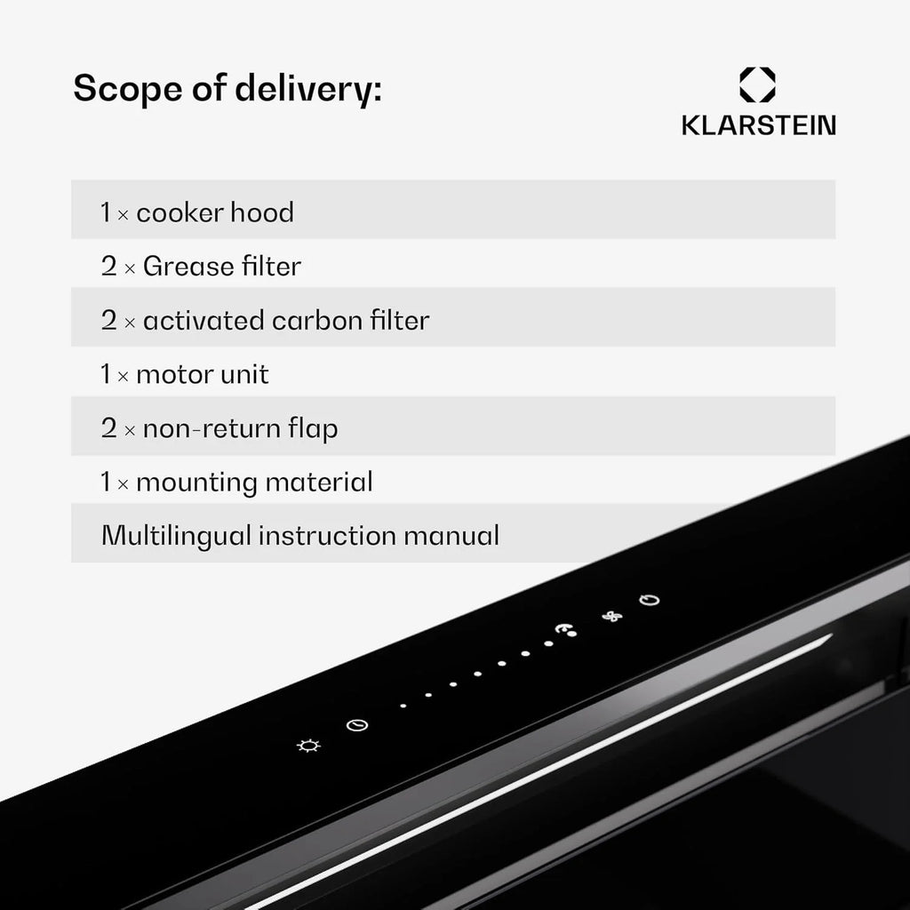 Klarstein Okap kuchenny 90 cm wyciąg w dół, wyciąg kuchenny recyrkulacja 2 w 1, przepływ powietrza 576 m³/h, wentylator wyciągowy ze światłem LED i panelem dotykowym