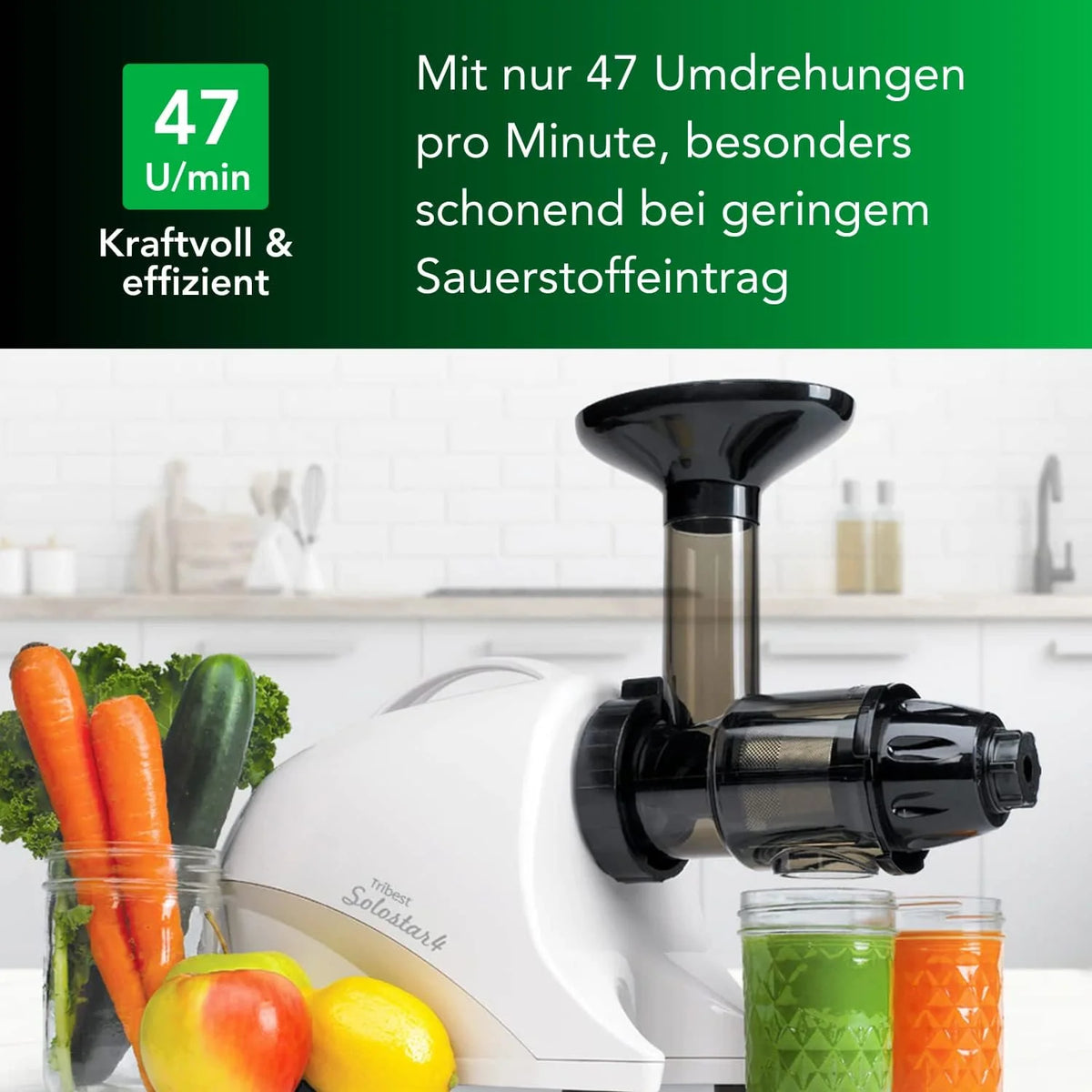 Tribest Solostar 4 Slow Juicer – pozioma sokowirówka do warzyw i owoców – 47 obr./min, 120 W – elektryczna wyciskarka do soków – biała