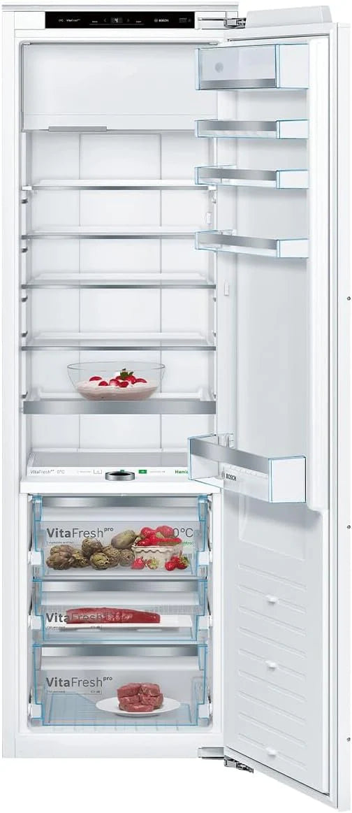 Bosch KIF82PFE0, seria 8, lodówka do zabudowy z zamrażarką, wnęka 177,5 x 56 cm, chłodzenie 254 l + 15 l zamrażania, Made in Germany, 3 x dłuższa świeżość, półki ze szkła bezpiecznego, szybsze