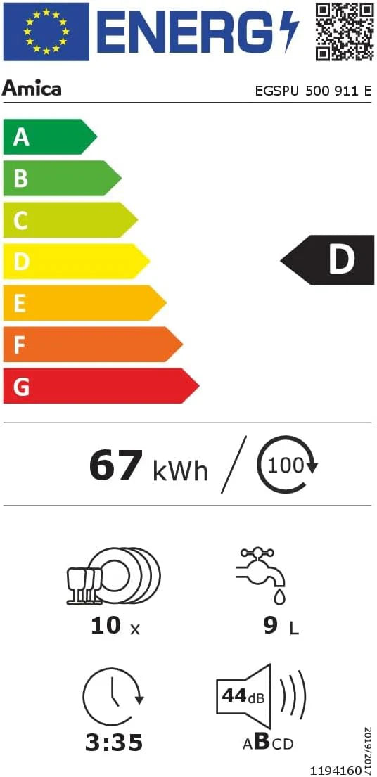 Amica EGSPU 500 911 E podblatowa zmywarka do naczyń, 10 MG, 3 kosze, 6 Progr/OpenDry/AQS /44 dB/klasa efektywności energetycznej D