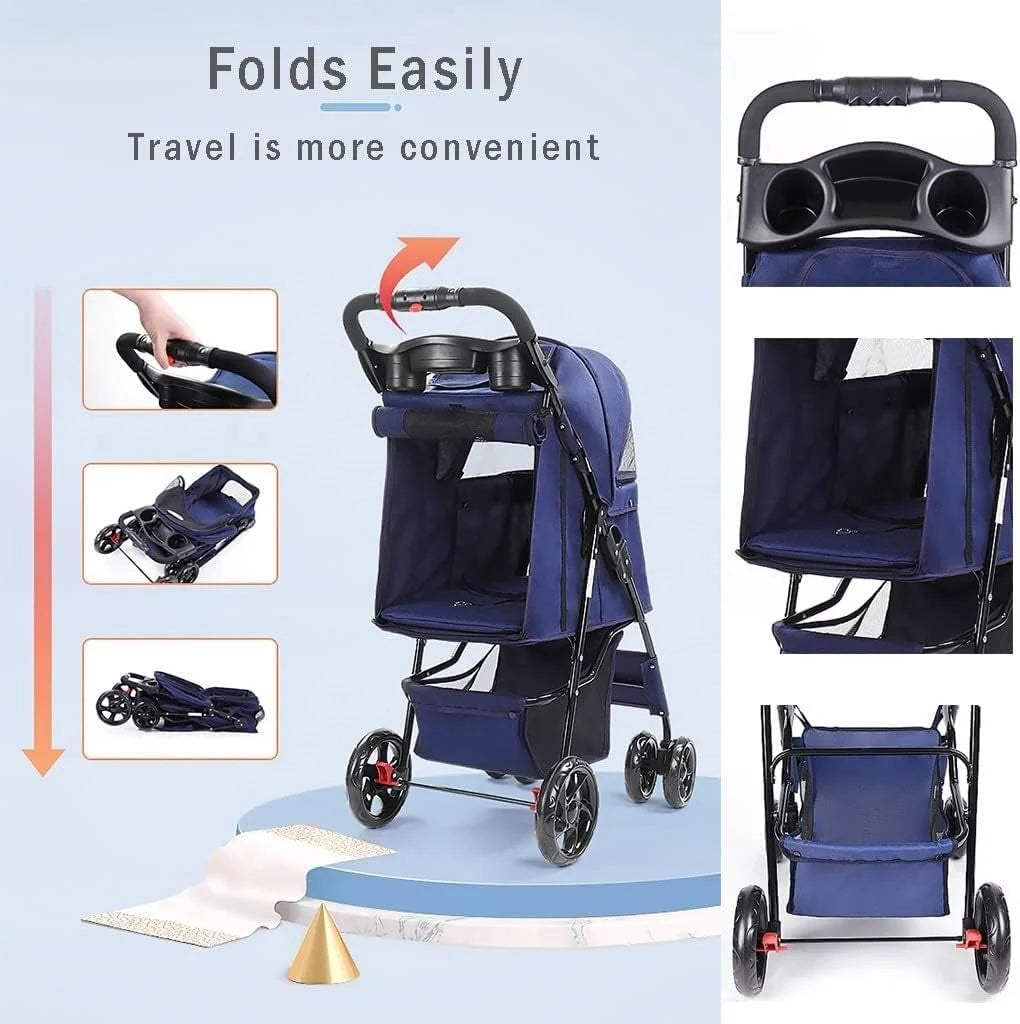 Lekki Wózek Dla Małych Średnich Psów/kotów Składany Wózek Dla Psa Premium Pet Travel Pram Stroller Z Uchwytem Na Kubek Wózek Dla Kota Pushchair (Color : Black)