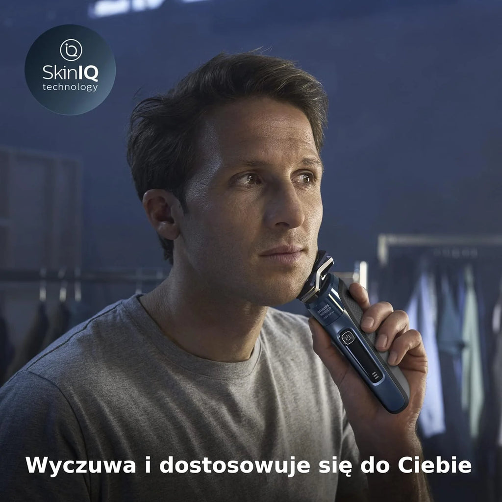 Philips Golarka Series 7000 – golarka elektryczna do golenia na mokro i na sucho z technologią SkinIQ z wysuwanym trymerem, pojemnikiem do szybkiego czyszczenia i wkładem, Philips One Blade