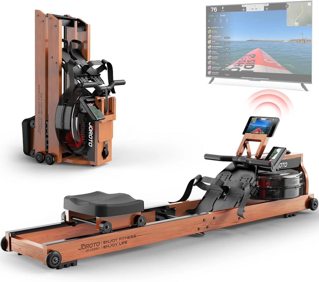 JOROTO Drewniany wioślarz do domowej siłowni, składany rower z drewna dębowego z Bluetooth, regulowany uchwyt na tablet - nośność 330LS