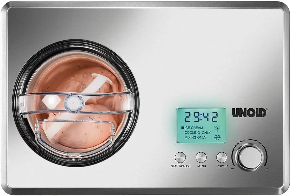Unold 48880 Maszyna do lodów Profi Plus, 2,5 l, stal nierdzewna, w pełni automatyczna, sprężarka samochłodząca, wyświetlacz LCD, timer, również do lodów wegańskich, bezlaktozowych i zawierających stewię