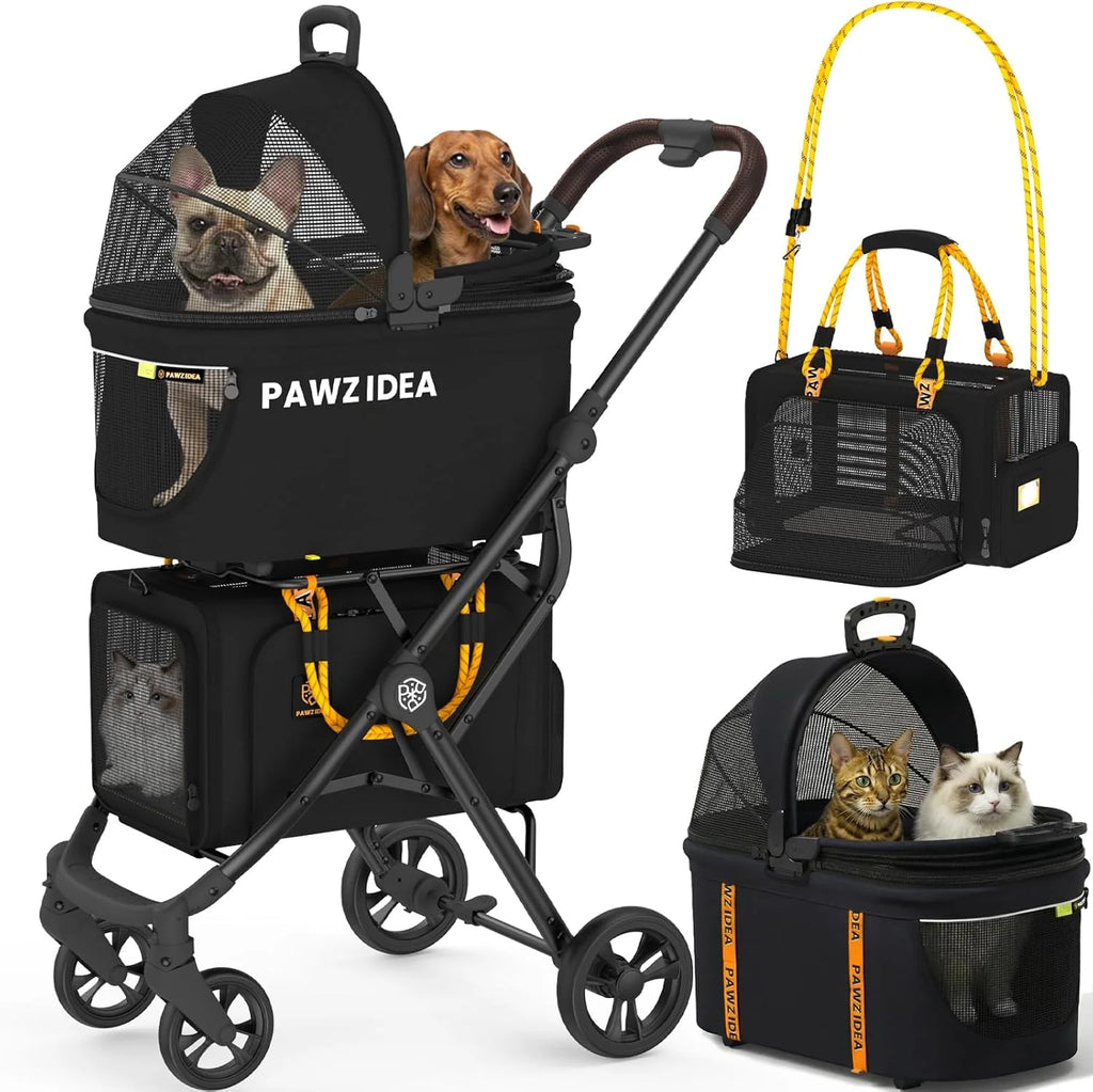 PAWZIDEA Podwójny wózek dla zwierząt domowych, dla 2 kotów, psów, małych i średnich, zatwierdzony przez TSA, transporter dla kota, rozszerzalny, ze zdejmowaną torbą do przenoszenia, 2 x zdejmowany
