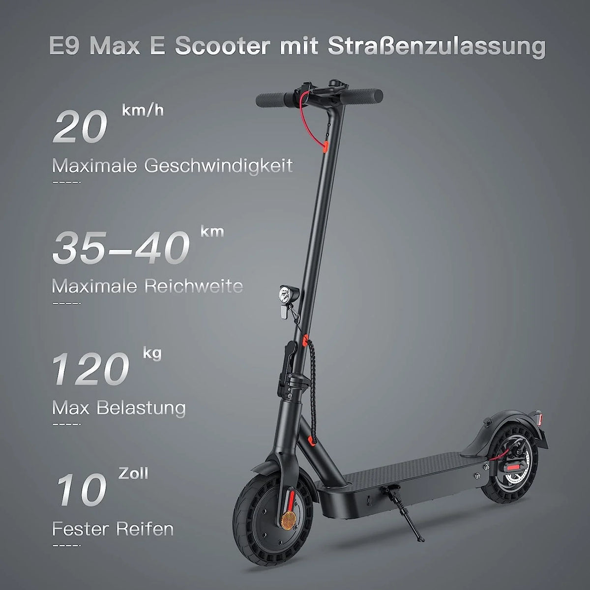 Skuter elektryczny z dopuszczeniem do ruchu drogowego, 10 cali, maks. zasięg 40 km 20 km/h, komfortowa amortyzacja uderzeń, hulajnoga elektryczna do 120 kg, połączenie z aplikacją, wyświetlacz LED,