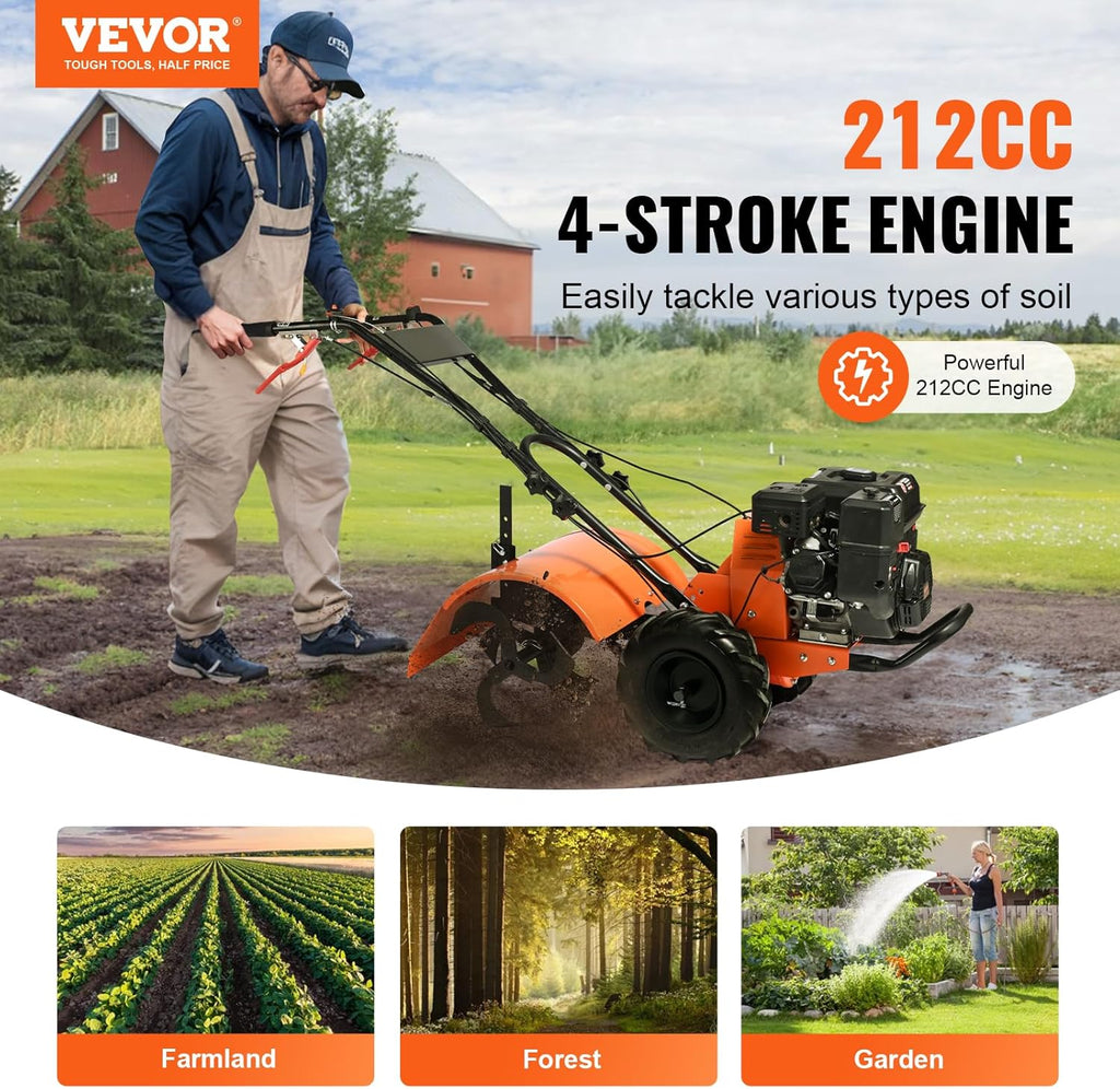 VEVOR frezarka ogrodowa 212CC pojemność silnika napędzana gazem 490 mm szerokość montażowa frez silnikowy 100 mm głębokość uprawy siekacz 65 Mn frez kultywacyjny 1680 x 500 x 1000 mm kultywator