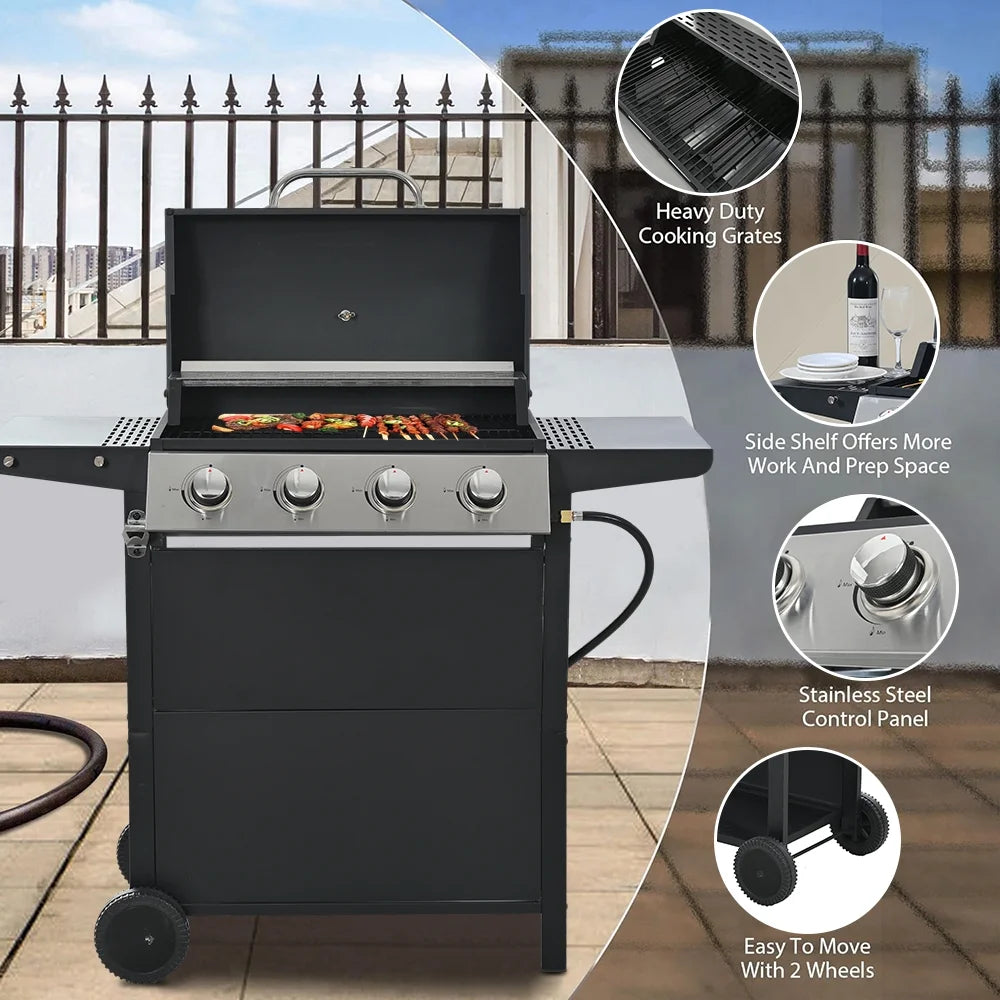 Grill gazowy SEGMART 2026 ze stali nierdzewnej z 4 palnikami – 34 200 BTU, do ogrodu/na taras z dwiema składanymi półkami i termometrem, idealny na kemping i do gotowania na świeżym powietrzu