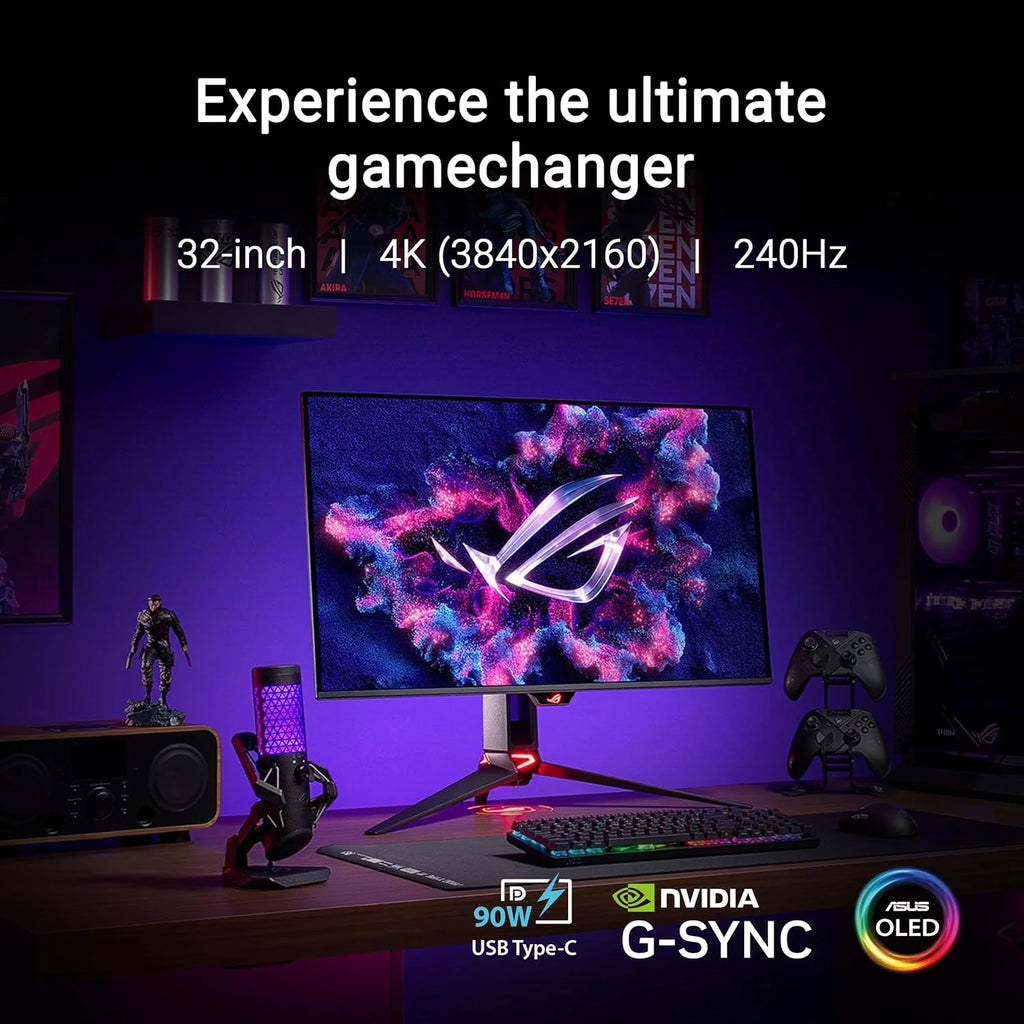 ASUS ROG Swift OLED PG32UCDMZ – 32-calowy monitor gamingowy 4K UHD, 240 Hz, 0,03 ms GtG, G-Sync, FreeSync, AdaptiveSync, 10-bit, DisplayHDR 400 TB, QD – 16:9, 3840 x 2160, DP 1.4 DSC, HDMI 2.1, 90