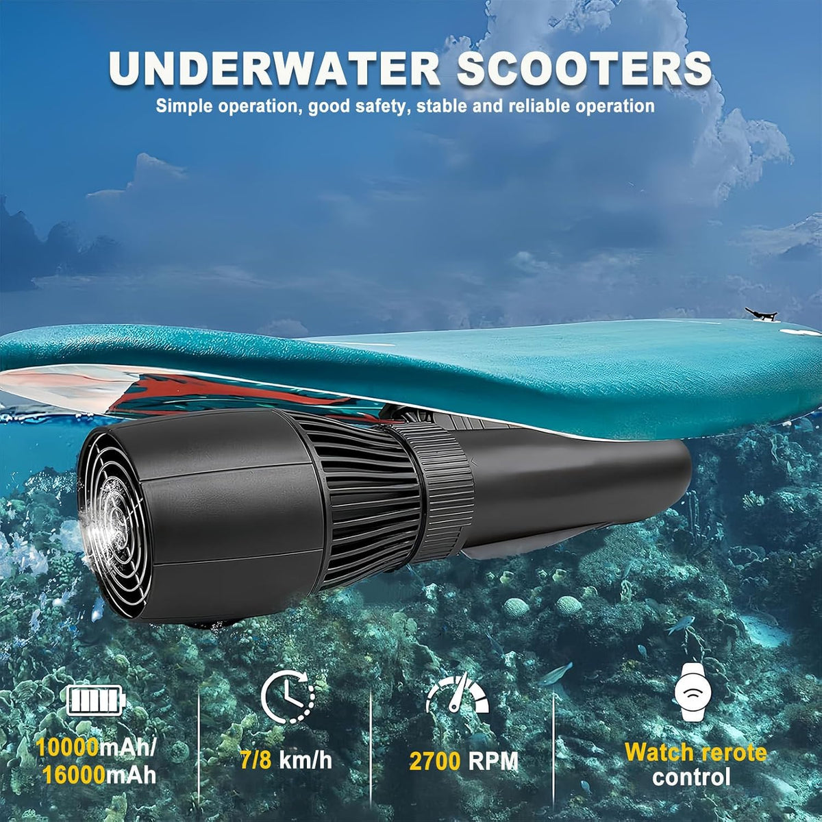 Podwodny Skuter, 500w Zdalnie Sterowany Podwodny Ster Strumieniowy, 9 Biegowy Przełącznik, 40m Głęboki Basen Deska Surfingowa Skuter Wodny, Przenośny Śmigło,10000mah