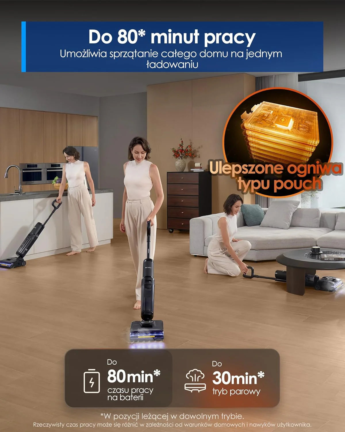 Tineco Floor ONE S7 Stretch Ultra Bezprzewodowy Odkurzacze na sucho i mokro, zapobiegająca splątaniu 180°, czas pracy 50 minut, samooczyszczanie Flashdry 85℃, dwustronne czyszczenie krawędzi