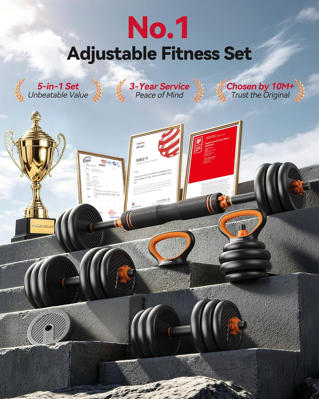 FEIERDUN Regulowane hantle, zestaw hantli o wadze 13,6 kg ze złączem, zestaw hantli 4 w 1, używany jako sztanga, kettlebell, stojak push-up, ćwiczenia fitness do domowej siłowni odpowiednie dla