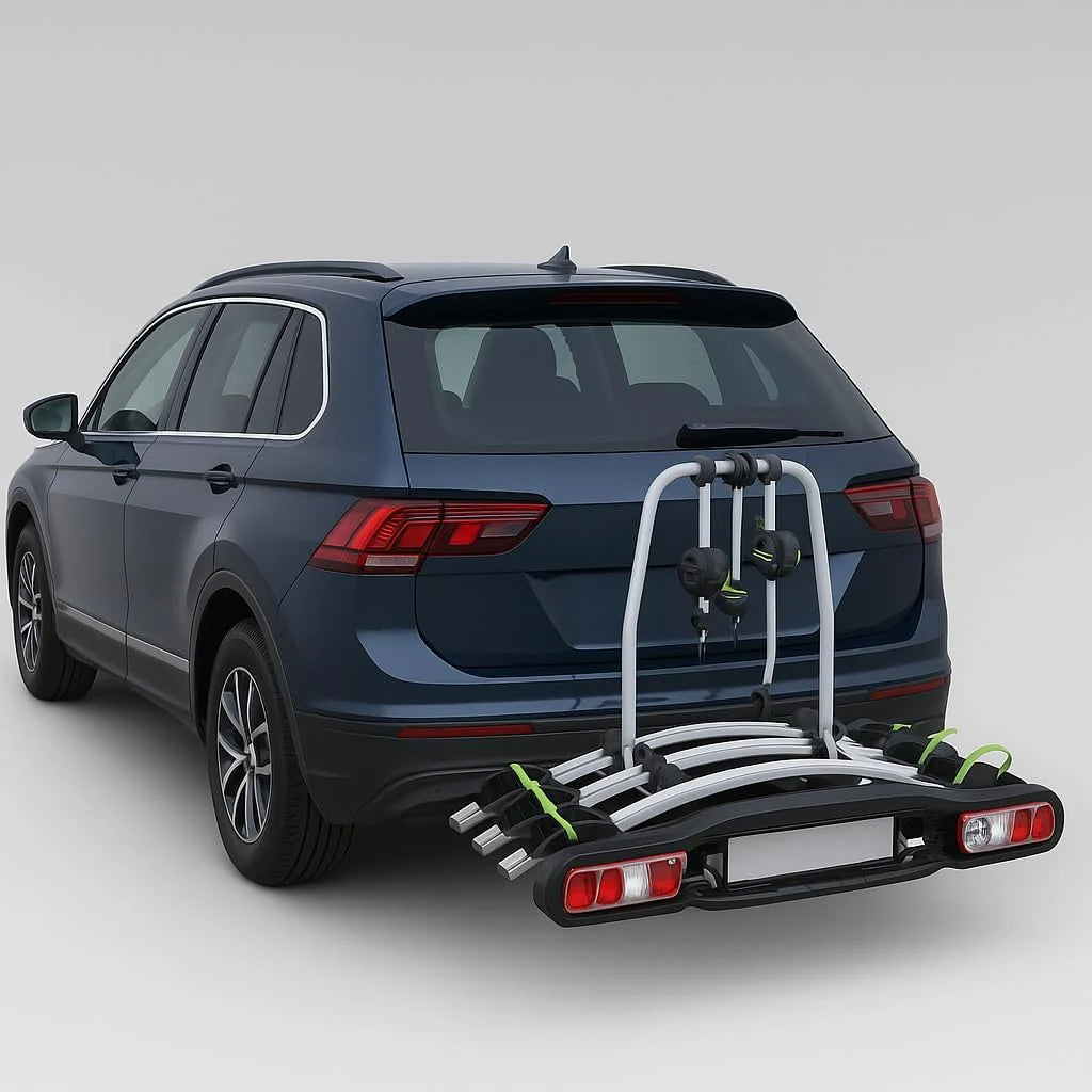 GEPCO Bagażnik rowerowy na 4 rowery do 60 kg, na hak holowniczy, składany, składany, zamykany, z tylnym światłem E4, wstępnie zmontowany, aluminiowy, do transportu rowerów