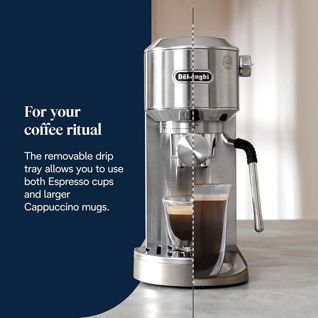 De'Longhi Dedica Duo EC890.M ręczny ekspres do kawy do espresso, cappuccino i cold brow, barman, z wyrzutnią parową do My LatteArt, wyświetlacz dotykowy, szerokość 15 cm, wyjmowany zbiornik 1,1 l,
