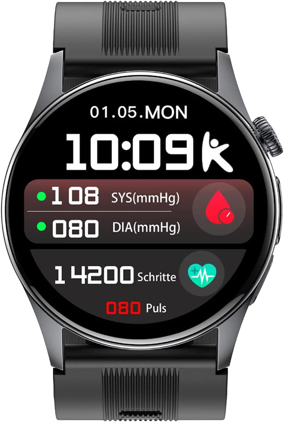 Knauermann PRO 4 Air (2026) Smartwatch i tracker fitness dla kobiet i mężczyzn, AMOLED zawsze włączony, IP66, Bluetooth 5.3, bateria do 25 dni, Android i iOS, czarny, okrągły, pakiet premium