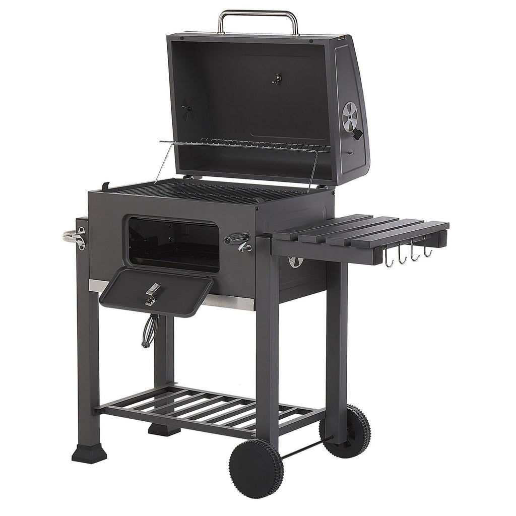 Grill węglowy BBQ, stal szara, z pokrywą, rusztem, kółkami, 2 półkami, termometrem, wyjmowaną popielniczką, Garden Pavlof - szary