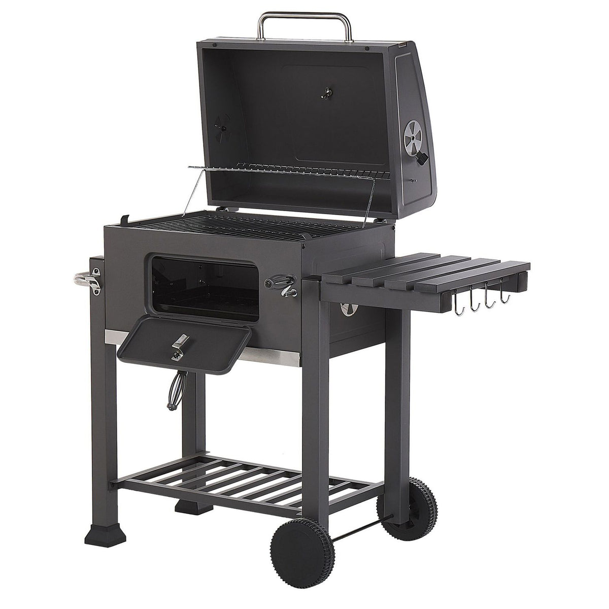 Grill węglowy BBQ, stal szara, z pokrywą, rusztem, kółkami, 2 półkami, termometrem, wyjmowaną popielniczką, Garden Pavlof - szary